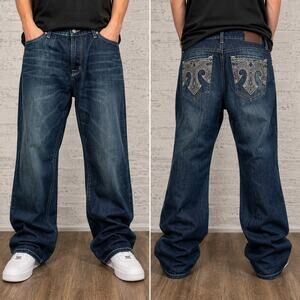 Marc Ecko Vintage Y2K Boot Cut Jeans Skull Rivet Embroidered W38 Dark Wash